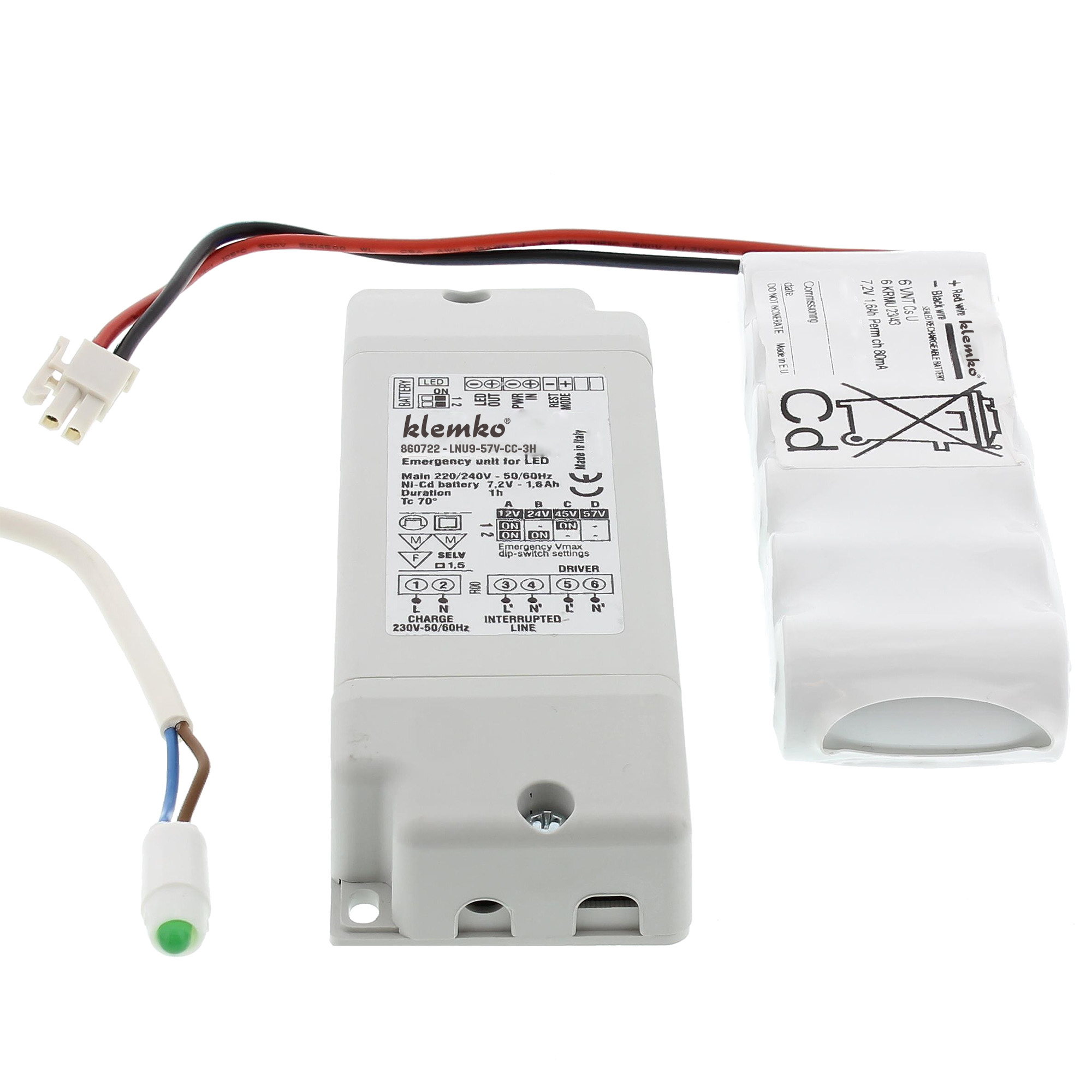KLEMKO 860720 Noodunit voor LED armatuur LNU9-57V-CC-1H Plug&play externe nood-unit 58 Volt / 2000 Mah. 1 uur