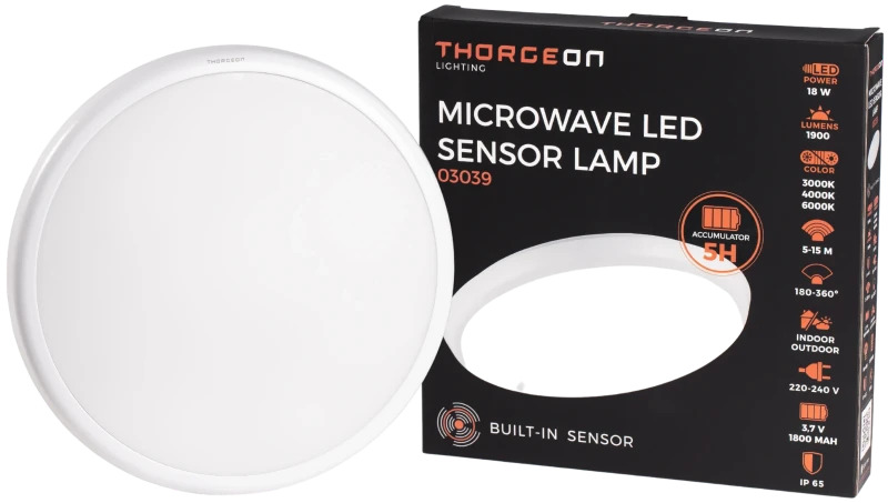 Thorgeon SLIM Circular Microwave Sensor LED Lamp 18W 3000K/4000K/6000K 1900Lm 5-15m IP65 IK10 5H-Accumulator